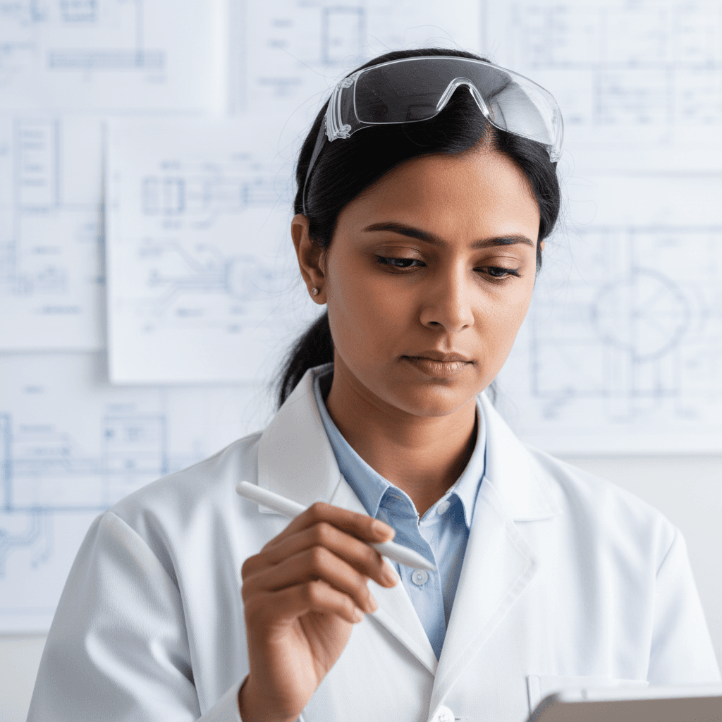 Professional Indian woman engineer in white lab coat with safety glasses holding technical documents in research facility