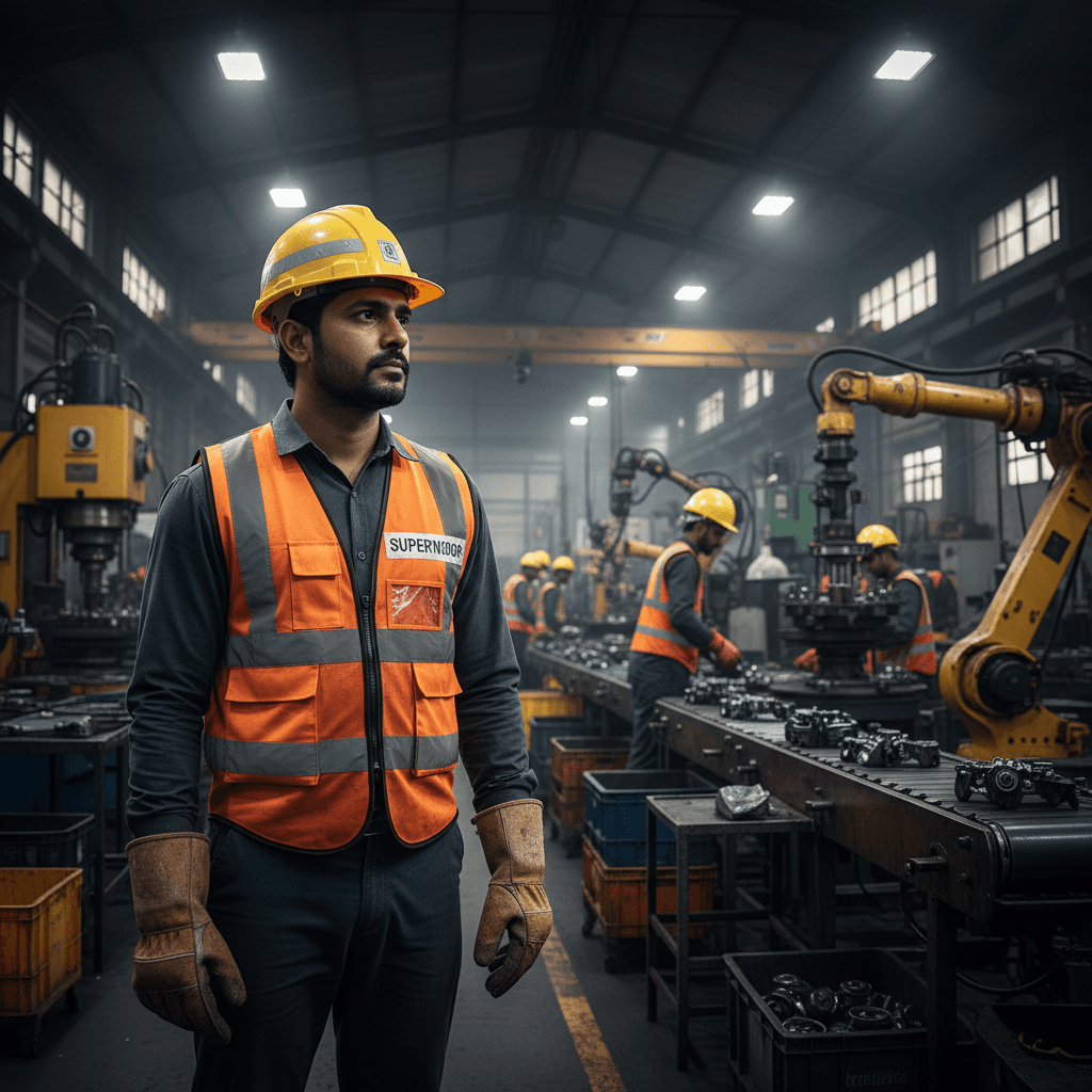 Senior Indian manufacturing professional in industrial safety gear with hard hat inspecting production line equipment