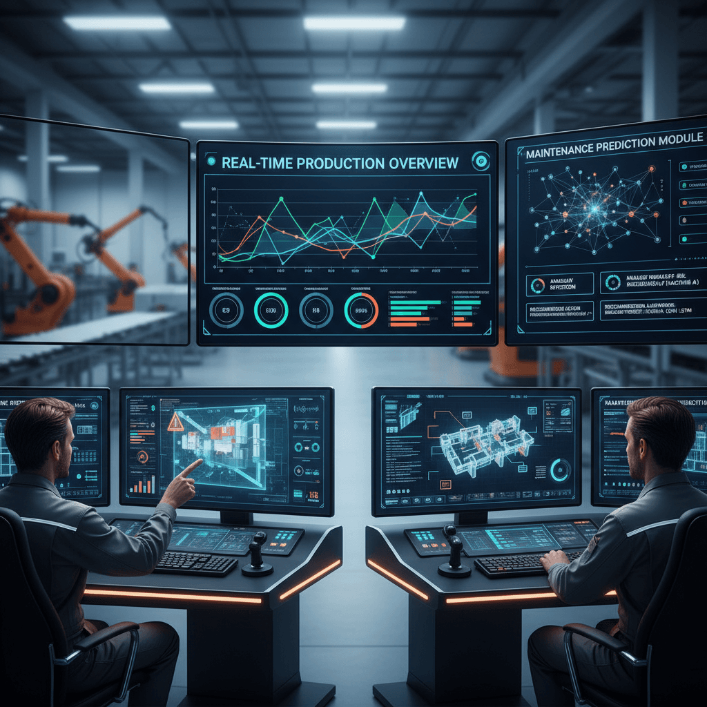Industrial control room with multiple monitors displaying real-time data and automation systems