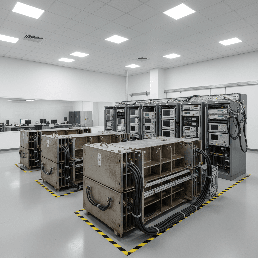 Industrial performance testing bay with large load banks and electronic monitoring equipment