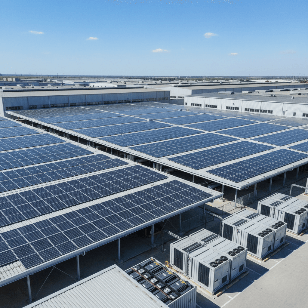 Modern hybrid power generation unit with solar panels and battery storage system in industrial setting